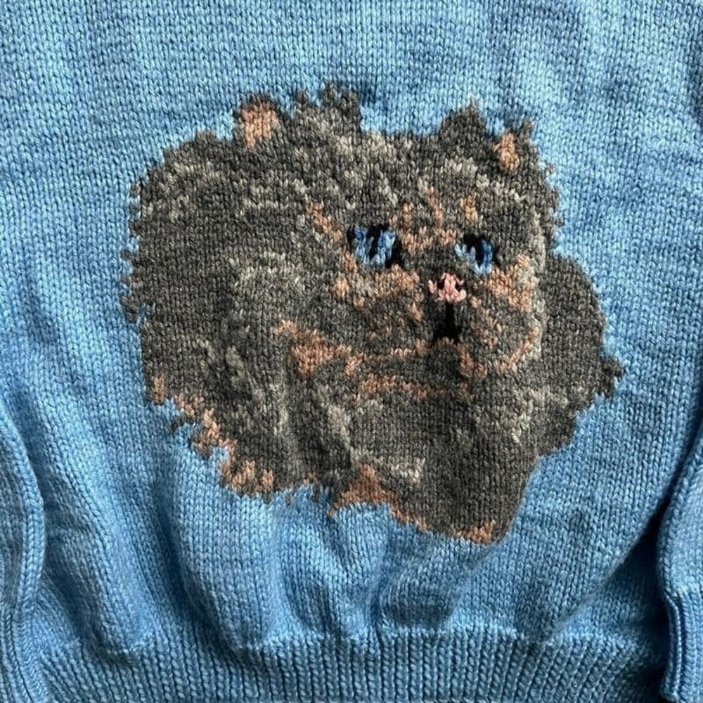 Vintage Cat Sweater Medium Blue 1980s Hand Knit - Picture 2 of 8